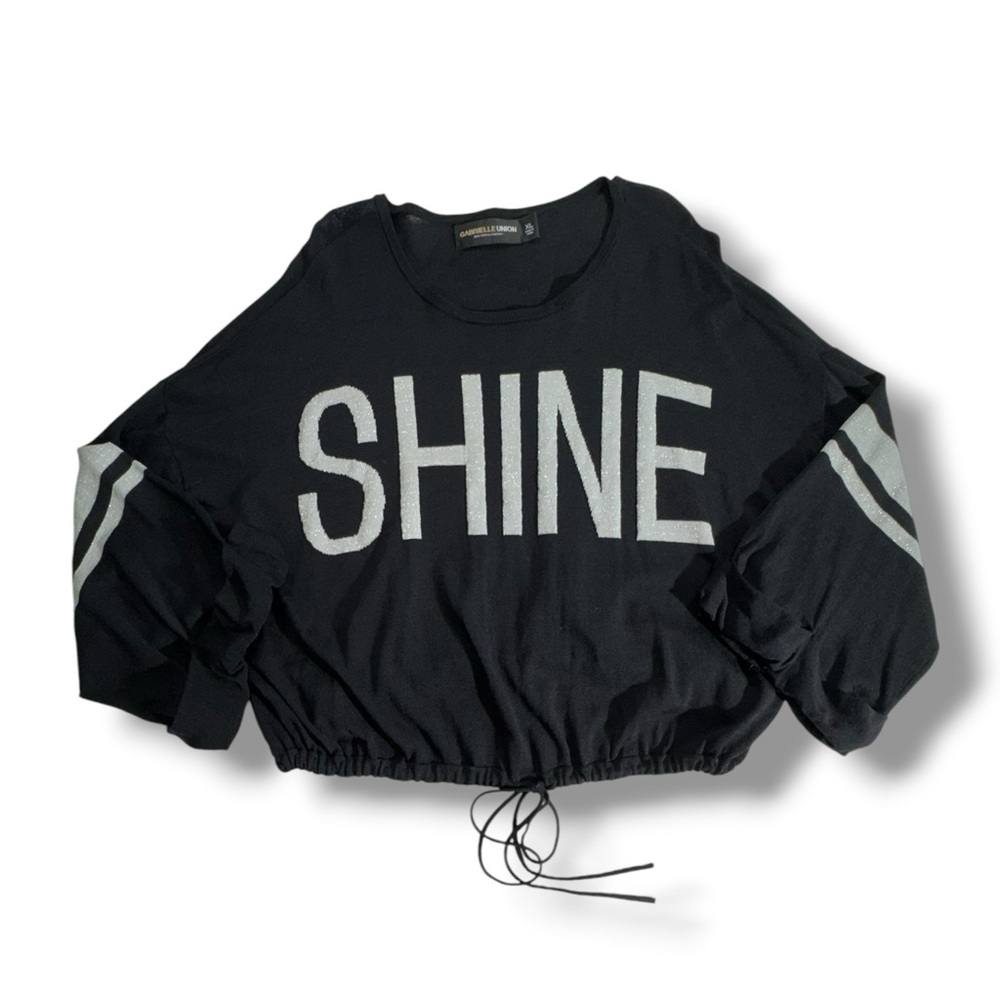 SHINE XL Shimmer Graphic Cropped Pullover Top - Black Wide Sleeve